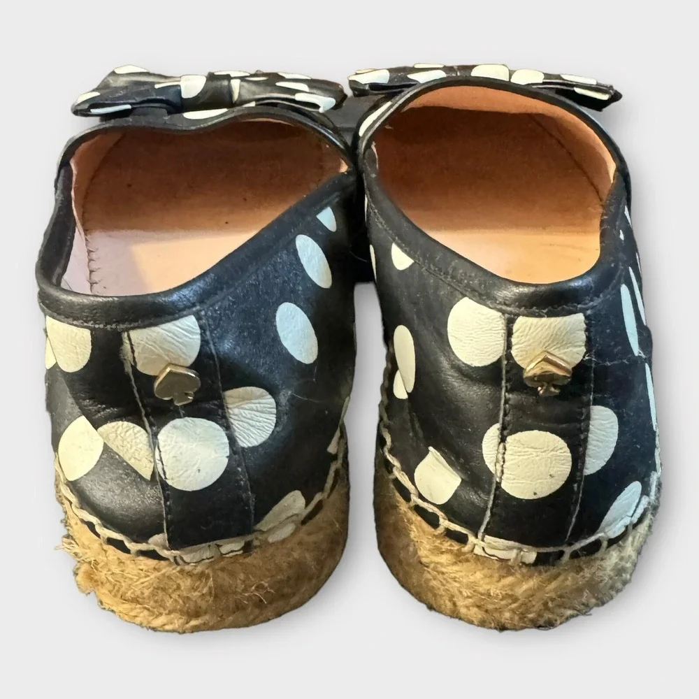 Kate‎ Spade Espadrille Shoes Women's 5.5 Polka Dot Bow Tie Leather Black Flats